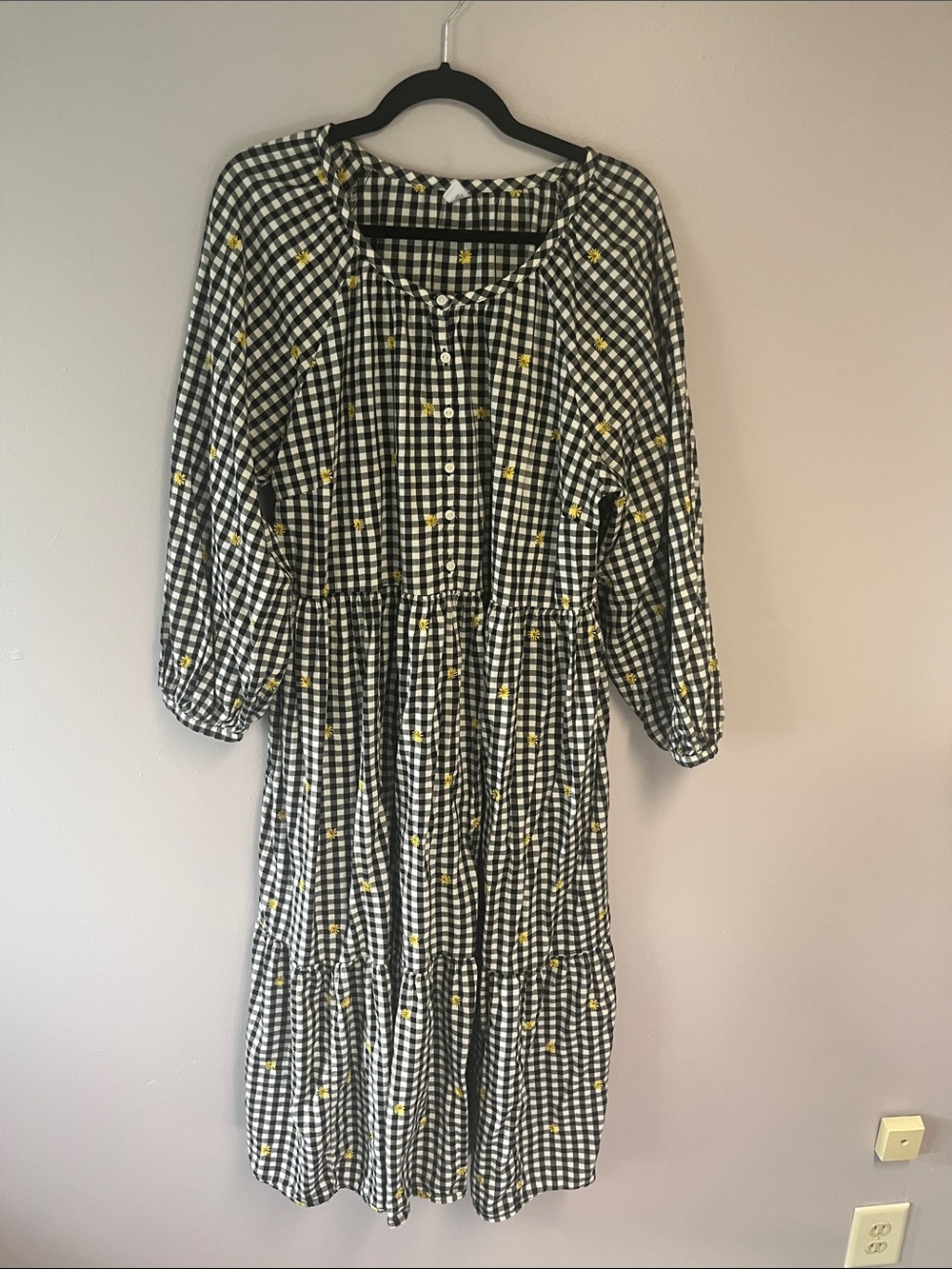 Old Navy Black & White Gingham Dress with Yellow Embroidered Flowers